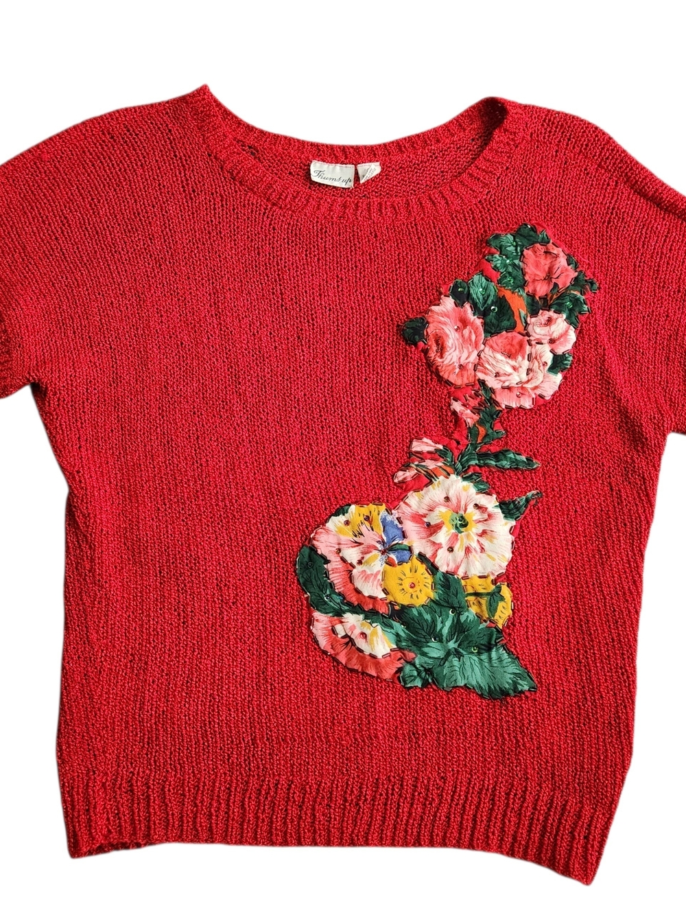 Vintage Thums Up Knit Applique Sweater Women's L Red Floral 3D Beaded Indie Chic